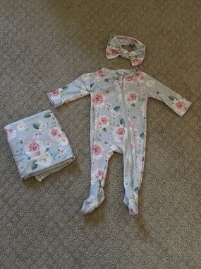 0-3 mo Girls Floral Zip-Front Baby Sleeper with Bow - Pink Rose